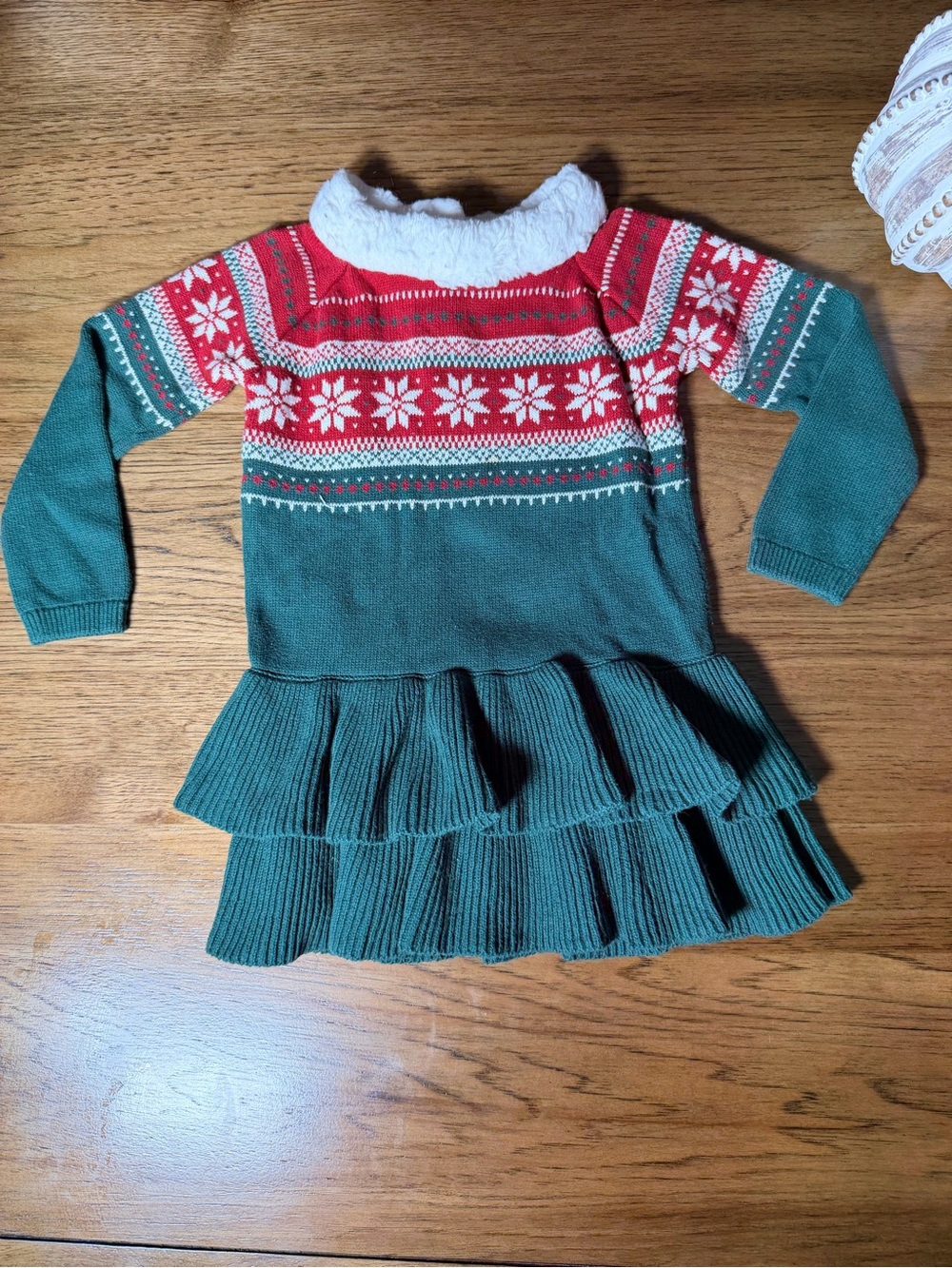 Gymboree Green & Red Fair Isle Knit Dress with Faux Fur Collar
